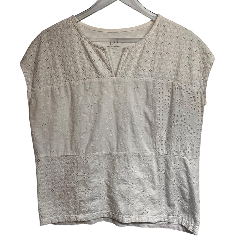 J Jill Eyelet Patchwork Tee boxy, oversized size XS, mixed lace patterns, white